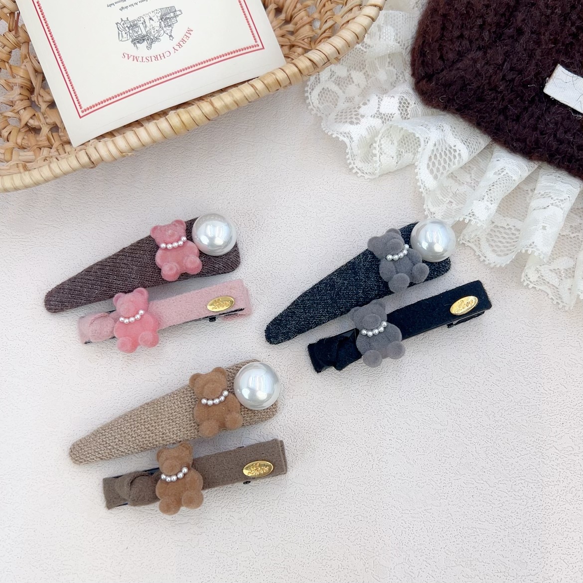 秋冬新款甜美植絨小熊珍珠髮夾BB夾氣質百搭鴨嘴夾側邊夾碎髮夾女