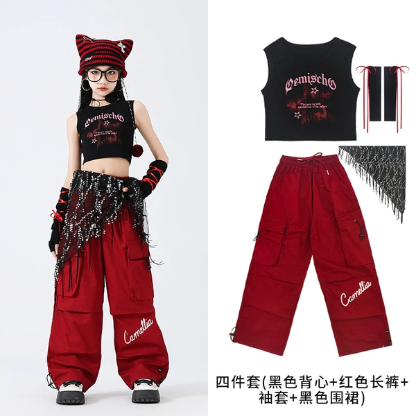 Set, black vest, red trousers, sleeves, apron, 4 pieces