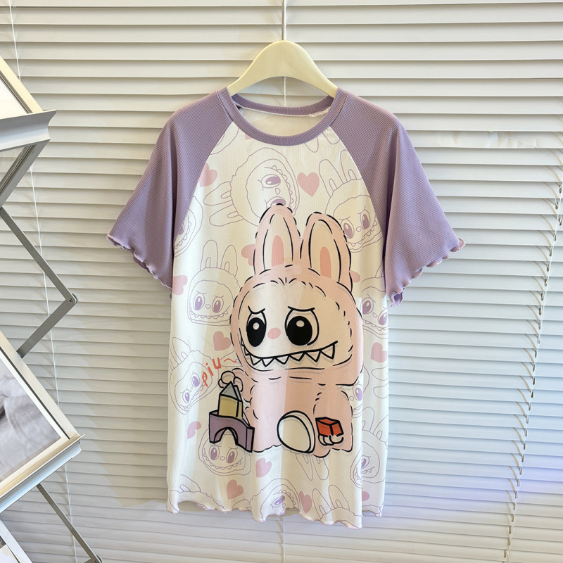 子供の夏の薄いタイプの長いパジャマの女の子の氷のシルクのカジュアルなレースの半袖のパジャマの赤ちゃんの漫画のパジャマのエアコンの服|undefined