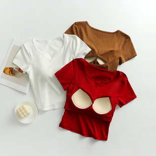 New V-neck Short-sleeved T-shirt with Chest Pad Slim-fit Sports Yoga Clothes Top Women's Wear-free Bra Half-sleeved Top for Summer