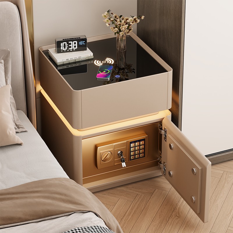 Una caja fuerte inteligente de cabezal de cama de madera maciza en un dormitorio doméstico de lujo ligero con cerradura 2025 explosión pequeño gabinete de almacenamiento
