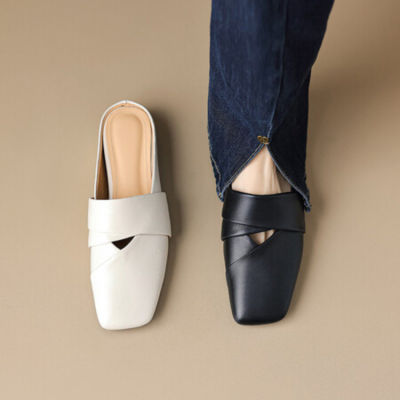 Cowhide 4cm Inner Heightening Toe-Cap Slippers for Women Summer Outer Wear 2025 Black Flats Thick-Soled Half-Slip Square-Toe Mule Shoes Cowhide 4cm Inner Heightening Toe-Cap Slippers for Women Summer Outer Wear 2025 Black Flats Thick-Soled Half-Slip Square-Toe Mule Shoes