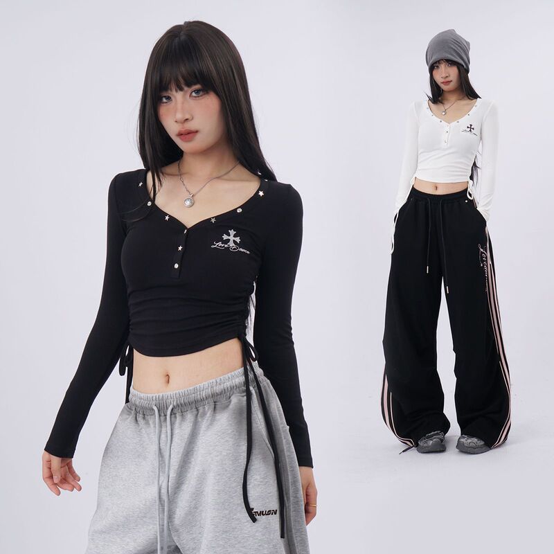 Sc6 Early Autumn Sexy Slim Right Shoulder Slim Long-Sleeved T-Shirt Women's Short Hip-Hop Side Seam Lace-Up V Neck Jazz Top Sc6 Early Autumn Sexy Slim Right Shoulder Slim Long-Sleeved T-Shirt Women's Short Hip-Hop Side Seam Lace-Up V Neck Jazz Top