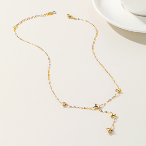 INS French fine necklace earring set 18K gold titanium steel earrings women's four-pointed star pendant clavicle chain