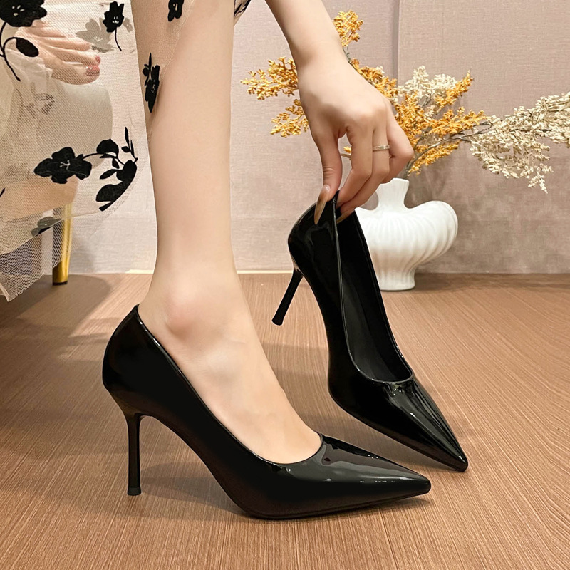 Nude High-Heeled Shoes for Women with Thin Heels 2026 Spring and Autumn New Patent Leather Bow Pointed Toe Single Shoes Professional Work Shoes