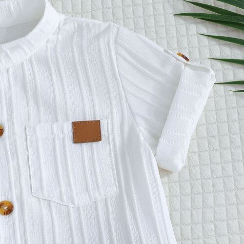2025—Boy's Spring and Summer Outfit: White Striped Short-Sleeve Shirt + Khaki Shorts Set