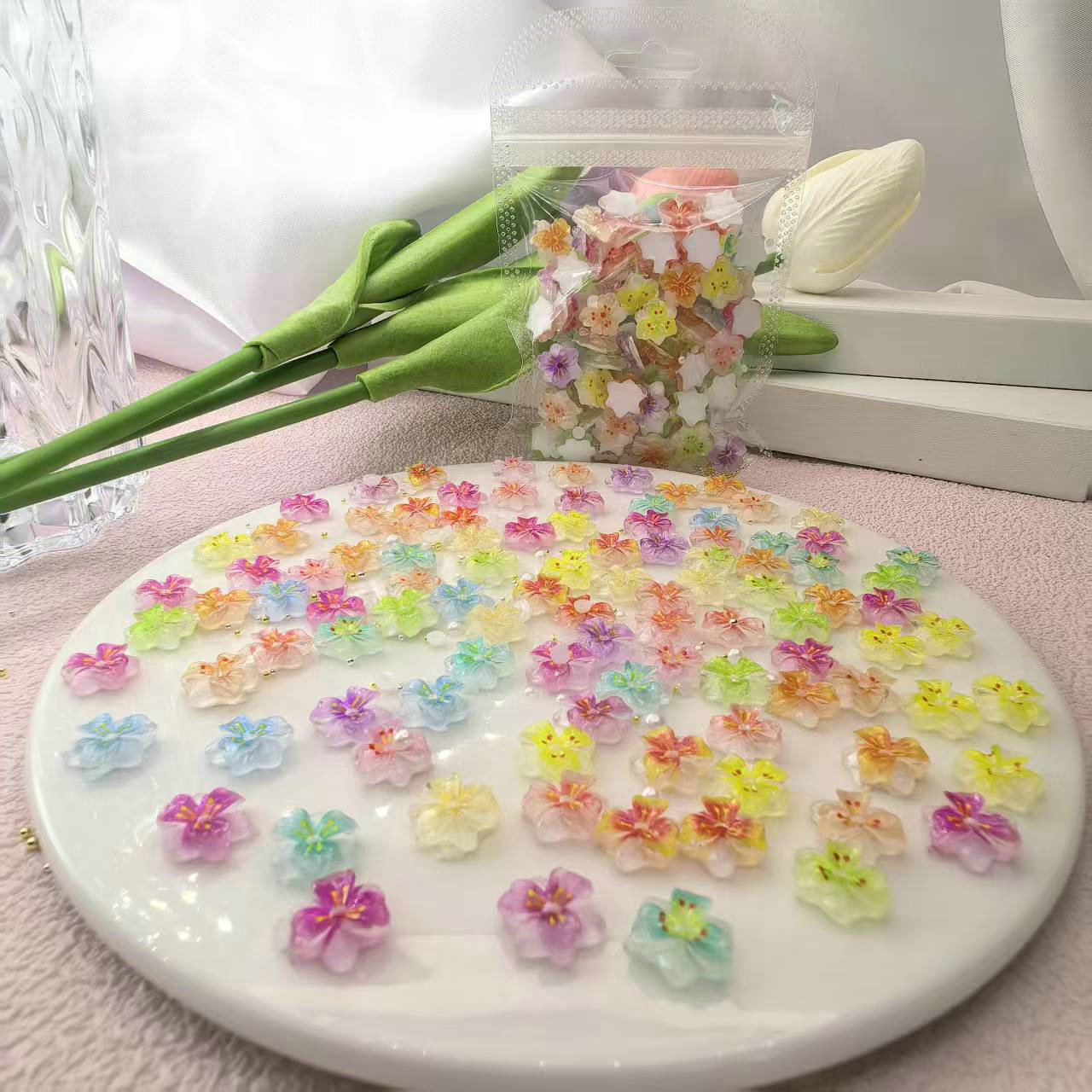 新款冰透花瓣美甲饰品树脂花网红三生桃花美甲小饰品批发树脂01