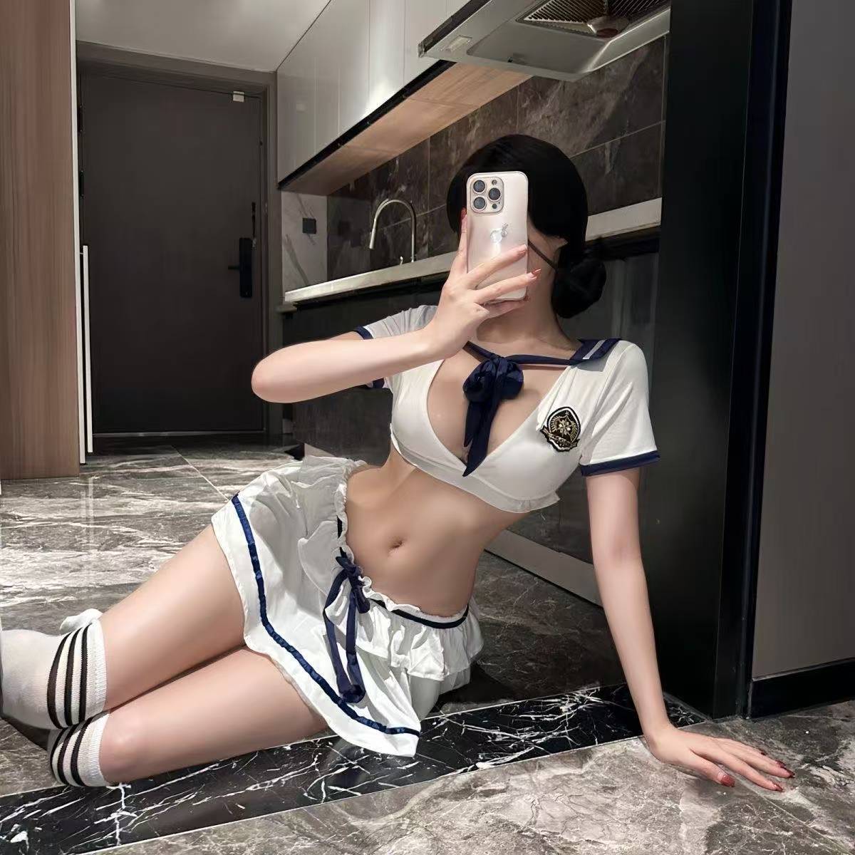 Sailor Maid Role-Play Lingerie Set with Top, Skirt and White Open-Crotch Stockings — detail image 3