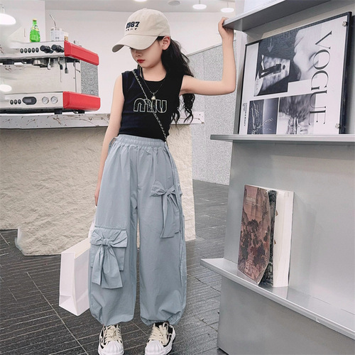 Girls 2024 American sports style round neck cartoon T-shirt sweet and cool style pink bow wide leg overalls suit