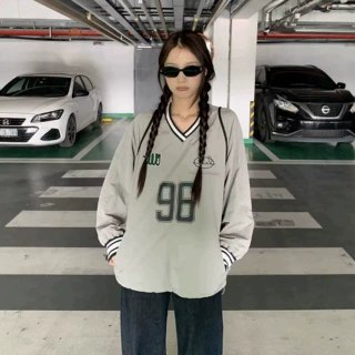 Jennie同款V领棒球服卫衣女26秋季新款宽松百搭运动数字长袖球衣