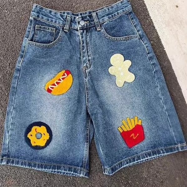 American Retro Burger Fries Towel Embroidered Denim Shorts for Women 2025 Summer Loose Wide-Leg Straight Five-Point Pants Trendy