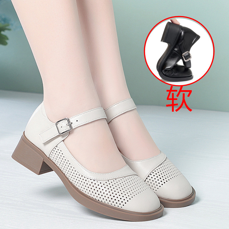 Soft Leather Hollow-Out Mary Jane Shoes for Women, Mid-Heel with Buckle, Breathable, Soft Sole, Comfortable Shoes for Middle-Aged and Elderly Mothers, Not Tiring on the Feet, Single Shoes