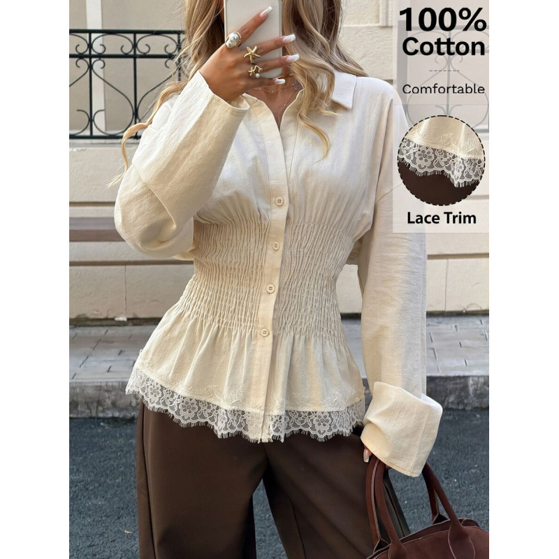 Amazon cross-border solid color elegant age-reducing lace splicing pleated POLO collar single-breasted long-sleeve women's shirt Amazon cross-border solid color elegant age-reducing lace splicing pleated POLO collar single-breasted long-sleeve women's shirt