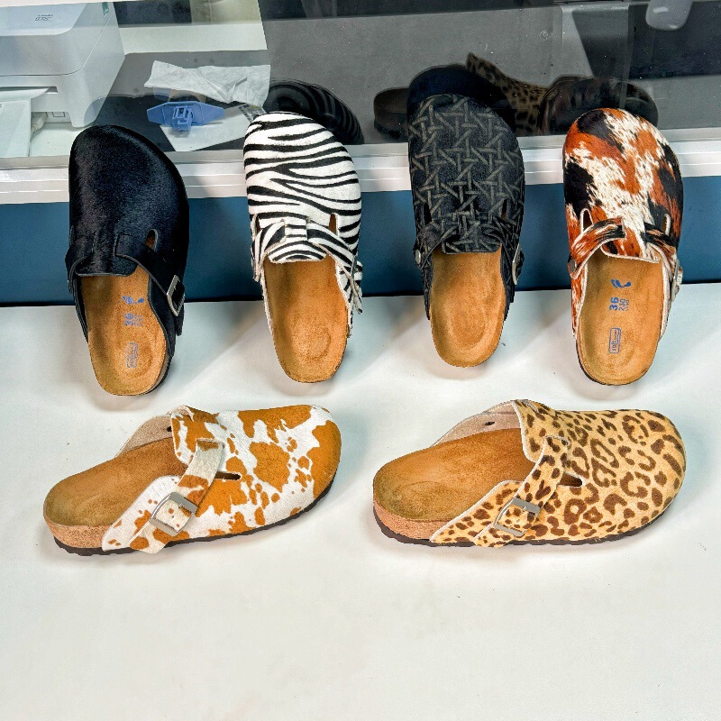Bocken Dark Horse Hair Milk Cow Print Bocken Shoes Women's Head Layer Cork Couple's Baotou Slippers Slip-on Lazy Shoes