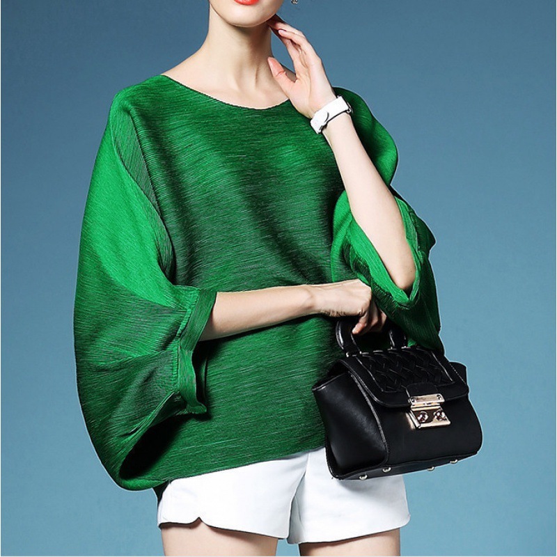 European Station 2026 Summer New Solid Color Fashionable Elegant Pleated Batwing Sleeve Top Loose Pleated T-Shirt
