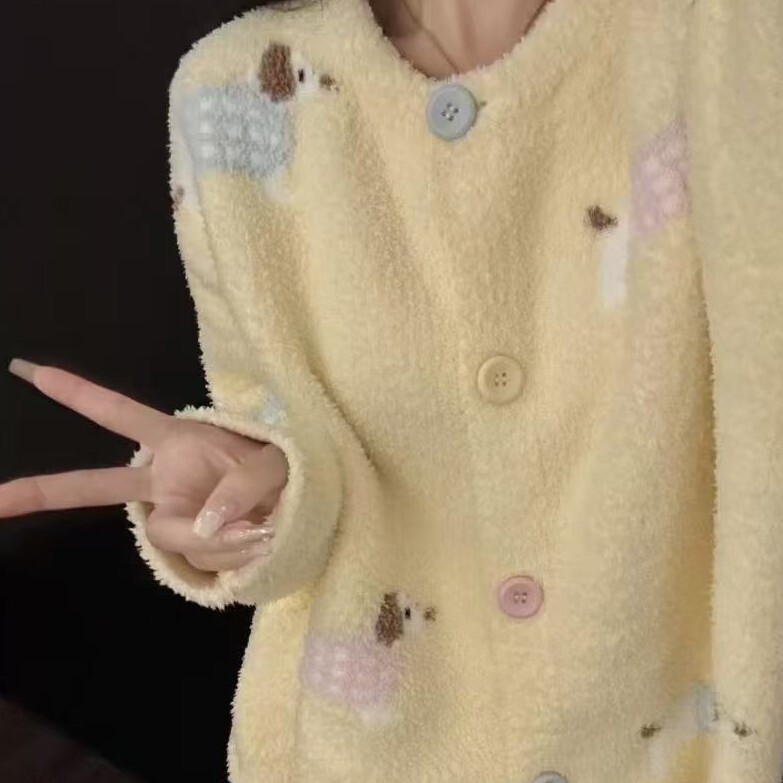 Soft and Cute Dachshund Half-Velvet Pajamas for Women in Autumn and Winter New Style Warm and Thickeneded Home Clothes Two-Piece Set That Can Be Worn Outside