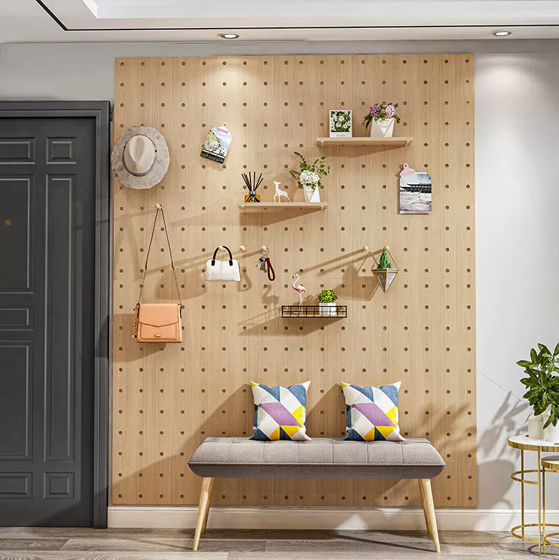 实木洞洞板木质洞洞墙上置物架客厅厨房一字搁板收纳架免打孔壁架