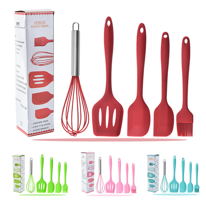 Juego de utensilios de cocina de silicona (5 piezas), espátula, brocha, batidor, grado alimenticio