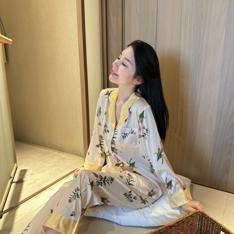 HP017【柔雾晚歌】春季新款睡衣翻领花卉印花休闲可外穿长袖家居