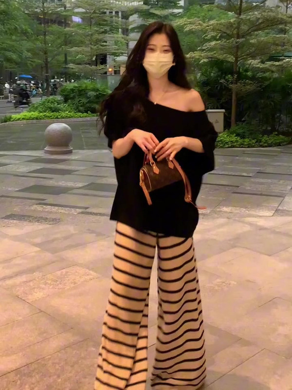 韩系条纹休闲裤女夏季新款2025宽松慵懒风显瘦松弛感长裤两件套潮|undefined