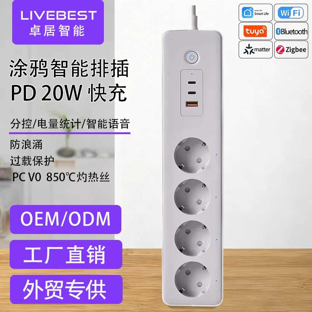 涂鸦智能排插大功率wifi智能插座usb多插位电量统计分控PD20W快充