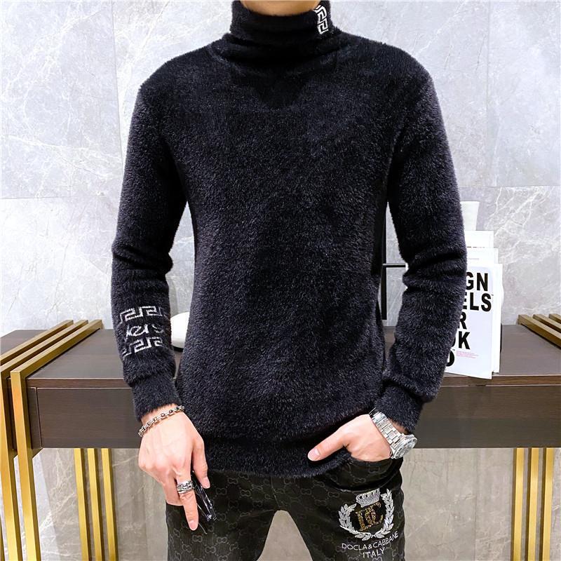 2024 Winter New Korean Style Slim Fit Men's Fashionable High Neck Mink Sweater Thickened Warm Base Sweater