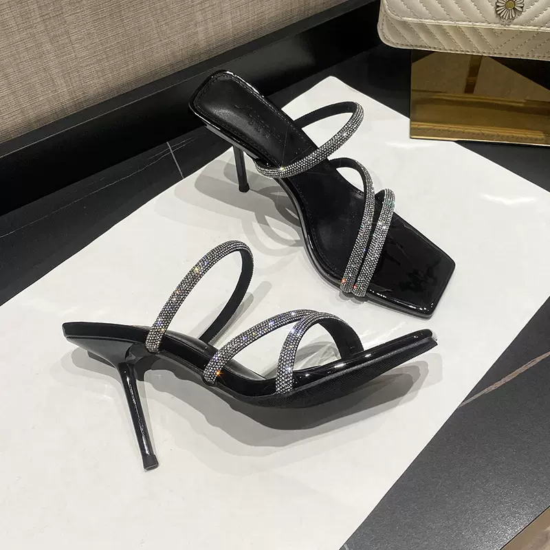L-11方头漆皮一字带凉拖鞋女2025年新款夏季仙女风水钻高跟女细跟