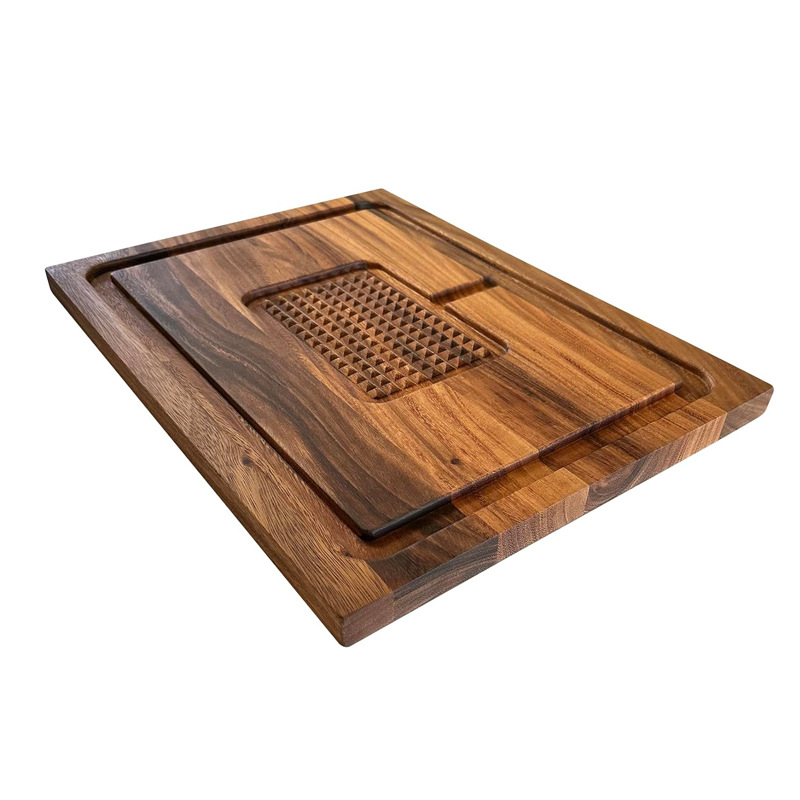 Mesa de madera de acacia con jugo de frutas, mesa de carne, filete, plato de pan, mesa de mesa de cocina, tablero de corte de madera, tablero de corte de verduras
