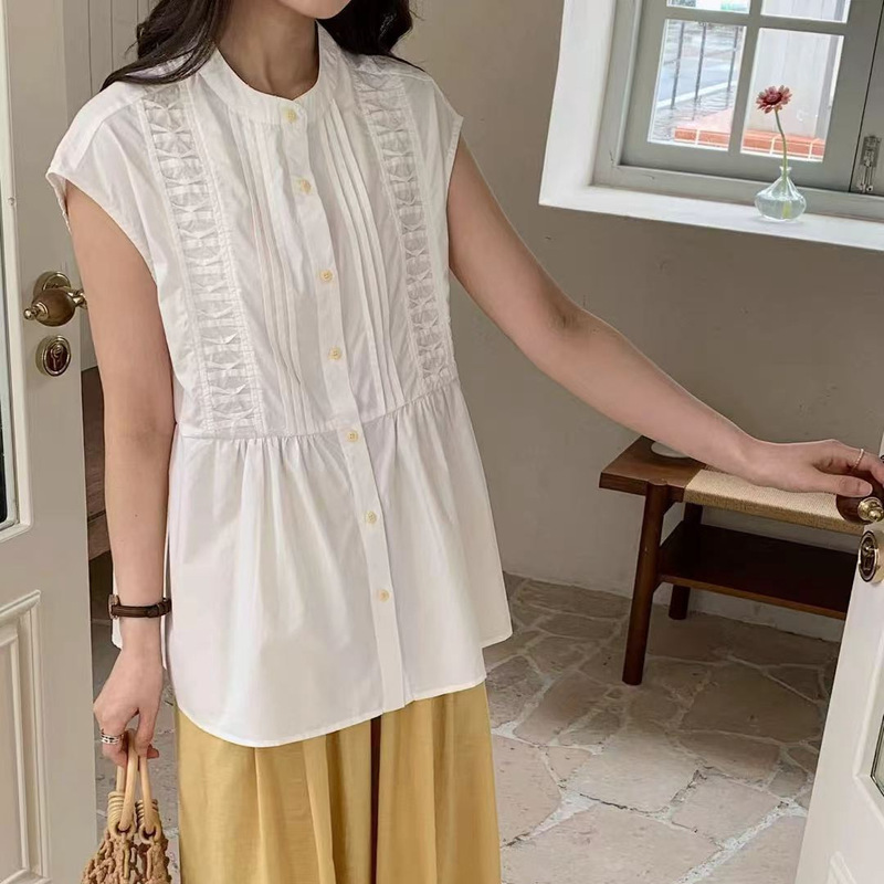 Solid Color Pleated Design Flutter Sleeve Shirt 2026 Artistic Mori Girl Style Round Neck Single-Breasted Versatile Loose Top for Women