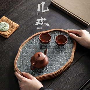 Japanese-style Begonia Flower Glass Tea Tray Vintage Bamboo Tea Tray Simple Household Tea Room Fruit Dispense Storage Tray