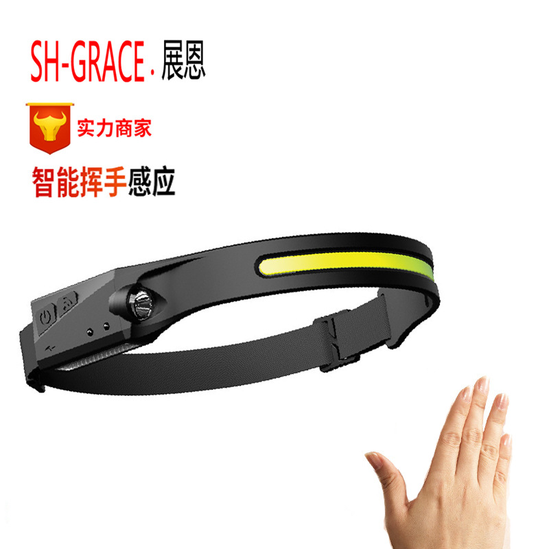 跨境新款硅胶LED智能感应灯夜钓夜跑便携式充电强光户外远射头灯