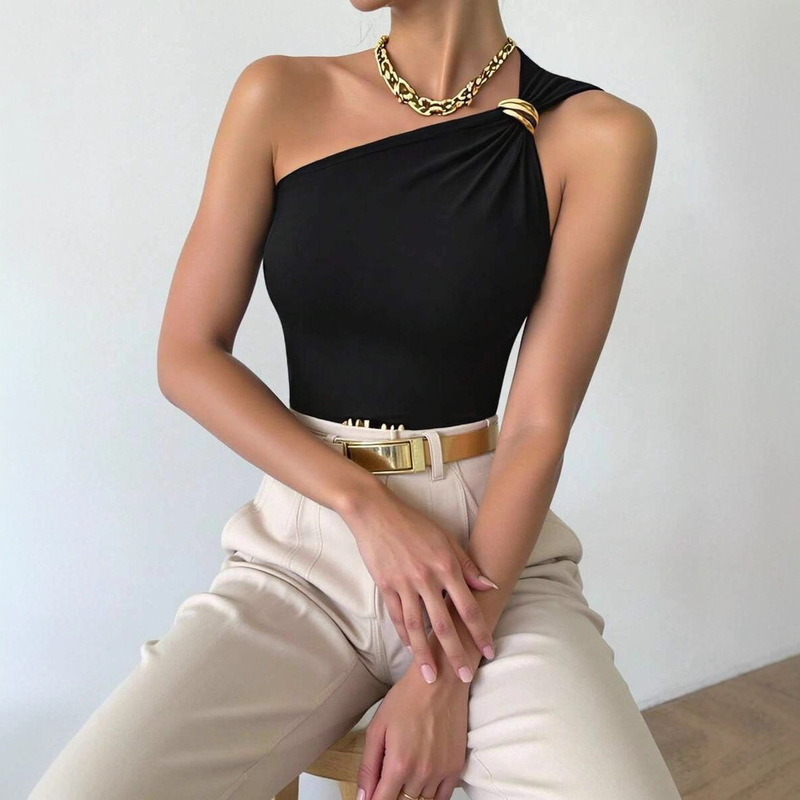 2026 Amazon Cross-Border Spring and Summer New Style Simple Sleeveless One-Shoulder Metal Ring Design Pure Color Slim Vest