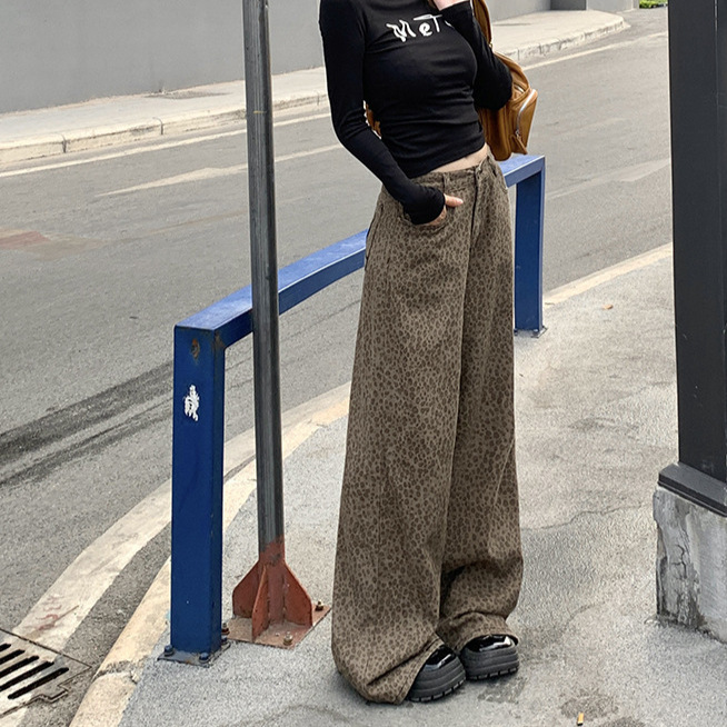 Heart Embroidery Ancient Low Saturation New American High Street Wide Leg Loose Jeans Trousers Plus Length Cotton