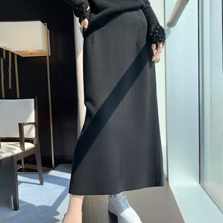 直筒休闲半身裙女早秋新款针织开叉包臀裙中长款垂坠感冬裙a字裙