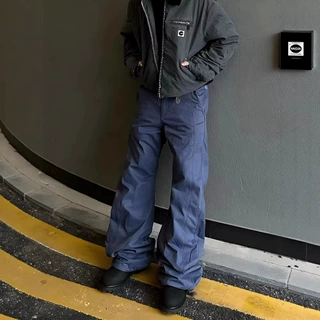 Cleanfit藏蓝色褶皱工装阔腿裤宽松直筒休闲男生长裤子男士牛仔裤