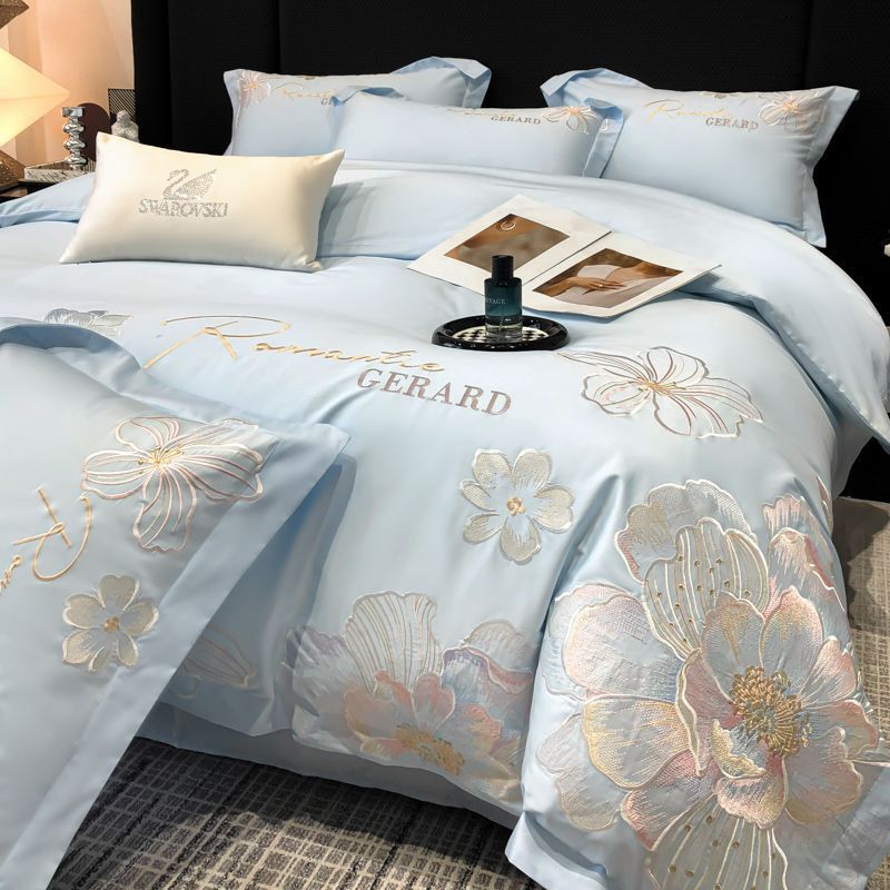 Premium A-Grade Long-Staple Cotton Four-Piece Set, All-Cotton Embroidered Duvet Cover, Light Luxury Pure Cotton Fitted Sheet, Bed Sheet for Sleeping Naked, Bedding