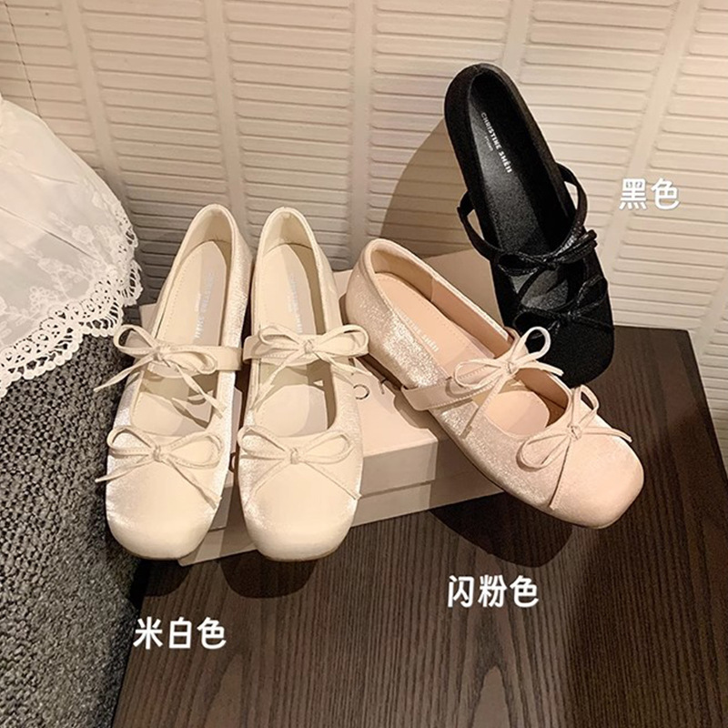 In-Stock Version with 5cm Internal Height Increase ~ French Bow Ballet Shoes for Women, Square Toe Versatile Shallow Mary Jane Evening Shoes