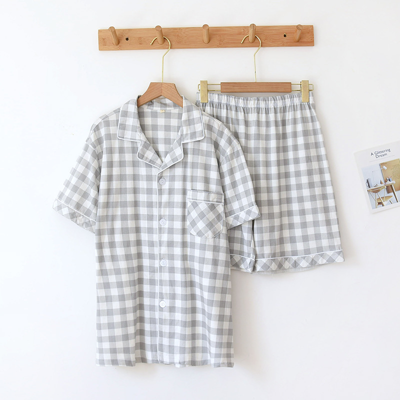 LZQメンズグレーチェックニット半袖ショートパンツ