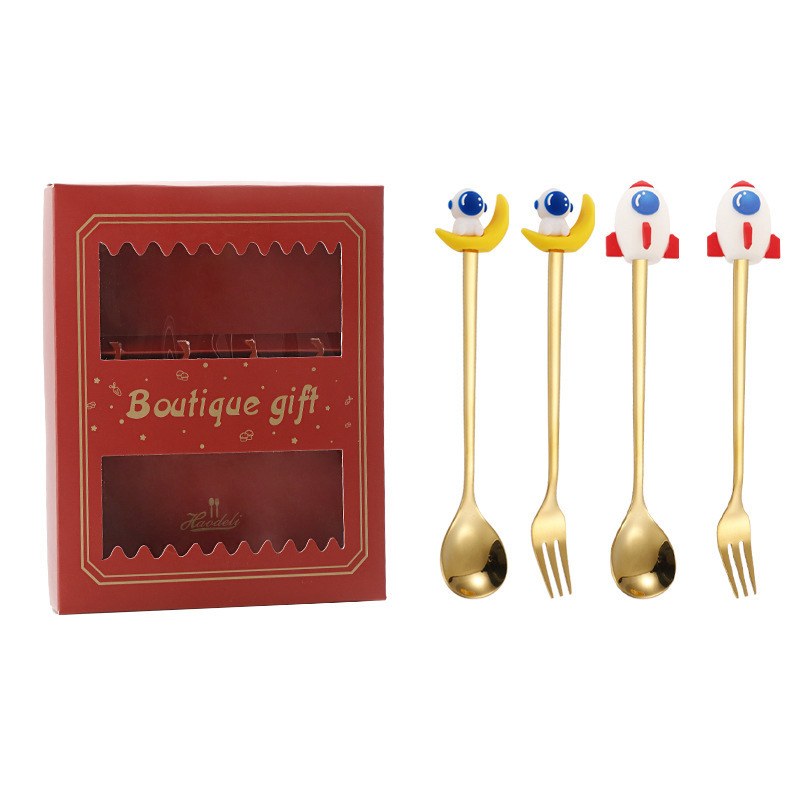 クリスマススプーンセット クリスマス食器ギフト2点セット デザートスプーンとフォーク サンタクロースとトナカイのフィギュア付きスプーン|undefined