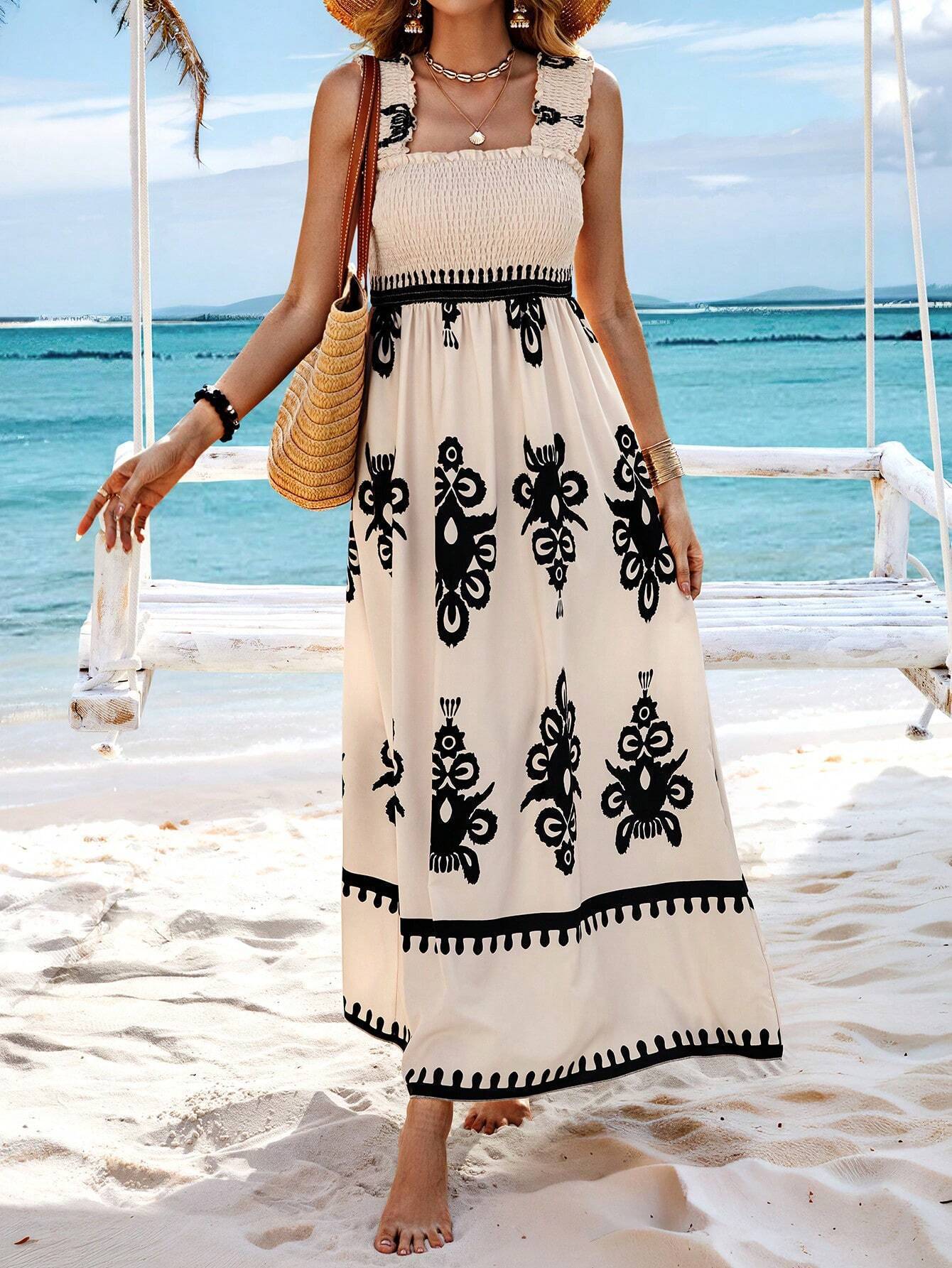 2024 Cross-Border European And American Fashion Hot-Selling Women's Beach Vacation Style Printed Strapless Dress_ecoleips.com