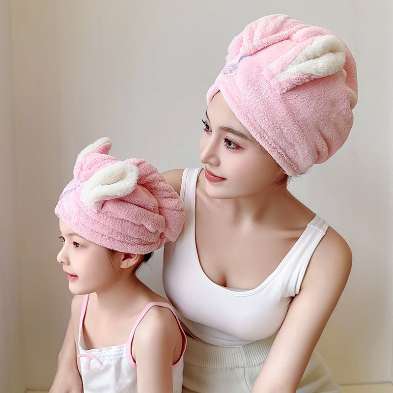 Dry hair hat, Silk coral velvet water-absorbent rabbit ear dry hair hat for children and adults, thick bath cap, one-piece drop shipping