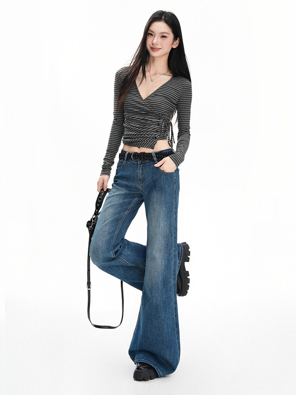 复古蓝低腰弹力微喇叭牛仔裤女2025年秋季新款不贴腿拖地喇叭裤子|undefined
