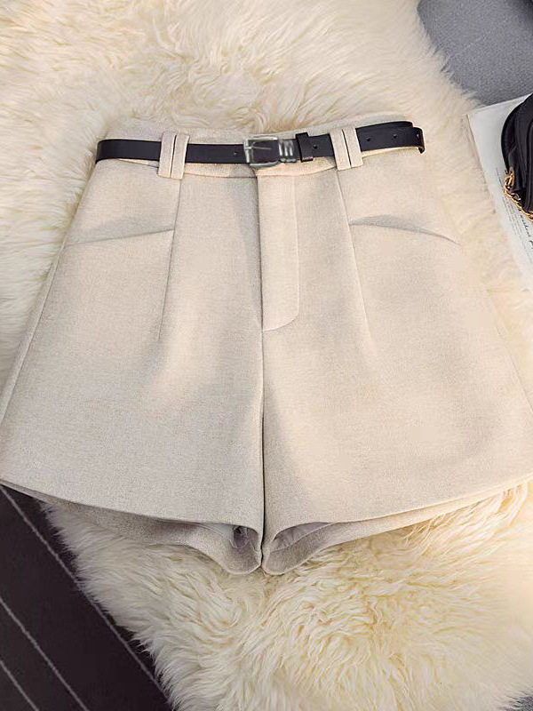 Quần short dạ nữ cạp cao ống đứng phong cách công sở kèm thắt lưng — Màu cà phê, tặng kèm thắt lưng, Màu xám đậm, tặng kèm thắt lưng, Màu yến mạch, tặng kèm thắt lưng, Màu đen, tặng kèm thắt lưng