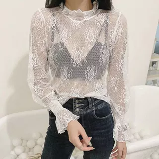 2024新款修身套头白色半高领单层蕾丝衫长袖上衣内搭女厂家直销