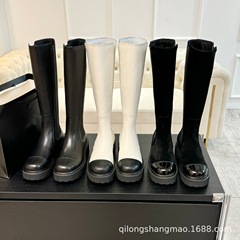 高端品质2025小香真皮圆头拼色厚底增高套筒弹力显瘦高筒马丁靴女