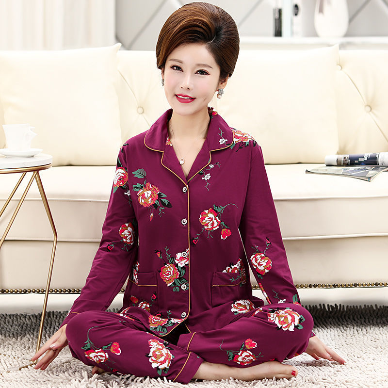 100% pijamas de algodón de las mujeres de primavera y otoño de manga larga delgada más el tamaño se puede usar fuera de verano de mediana edad traje homewear