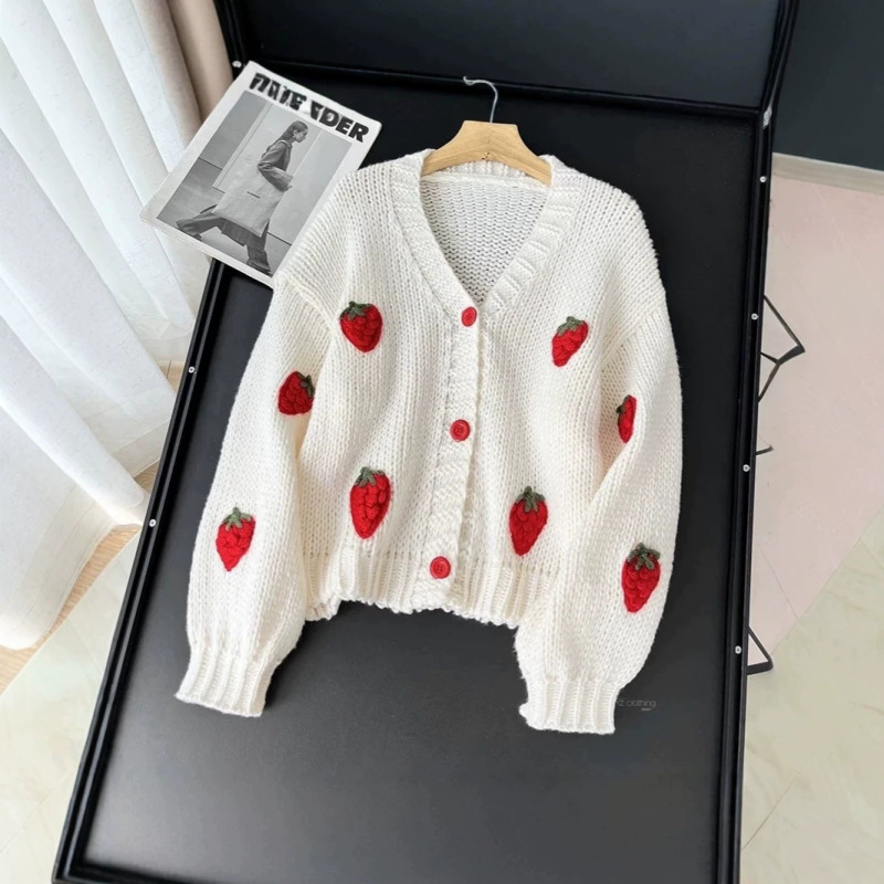 European and American Autumn and Winter New Fashion Youthful 3D Embroidered Strawberry Jacquard Knit Cardigan Soft Skin-Friendly V-Neck Sweater European and American Autumn and Winter New Fashion Youthful 3D Embroidered Strawberry Jacquard Knit Cardigan Soft Skin-Friendly V-Neck Sweater