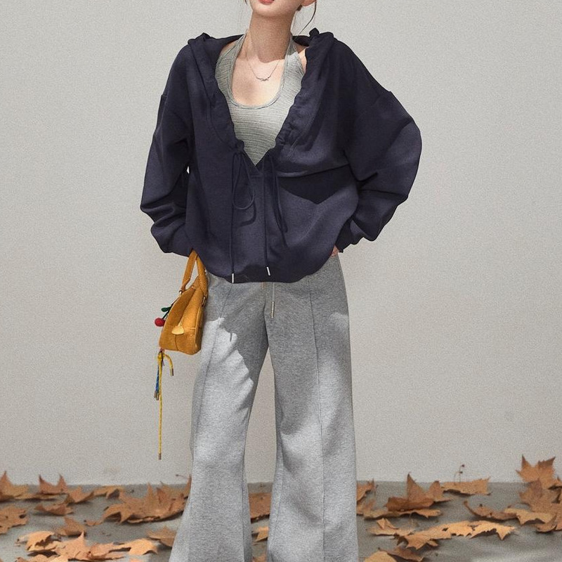 2025新款秋时尚百搭显瘦上衣连帽宽松抽绳卫衣条纹吊带衫两件套女|undefined