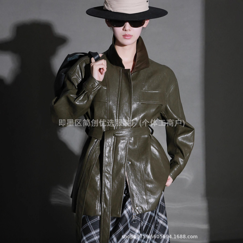 Retro Brown Stand-Collar Sheepskin Leather Jacket for Women, High-End Loose-Fitting Genuine Leather Coat, Spring and Autumn Vintage Style