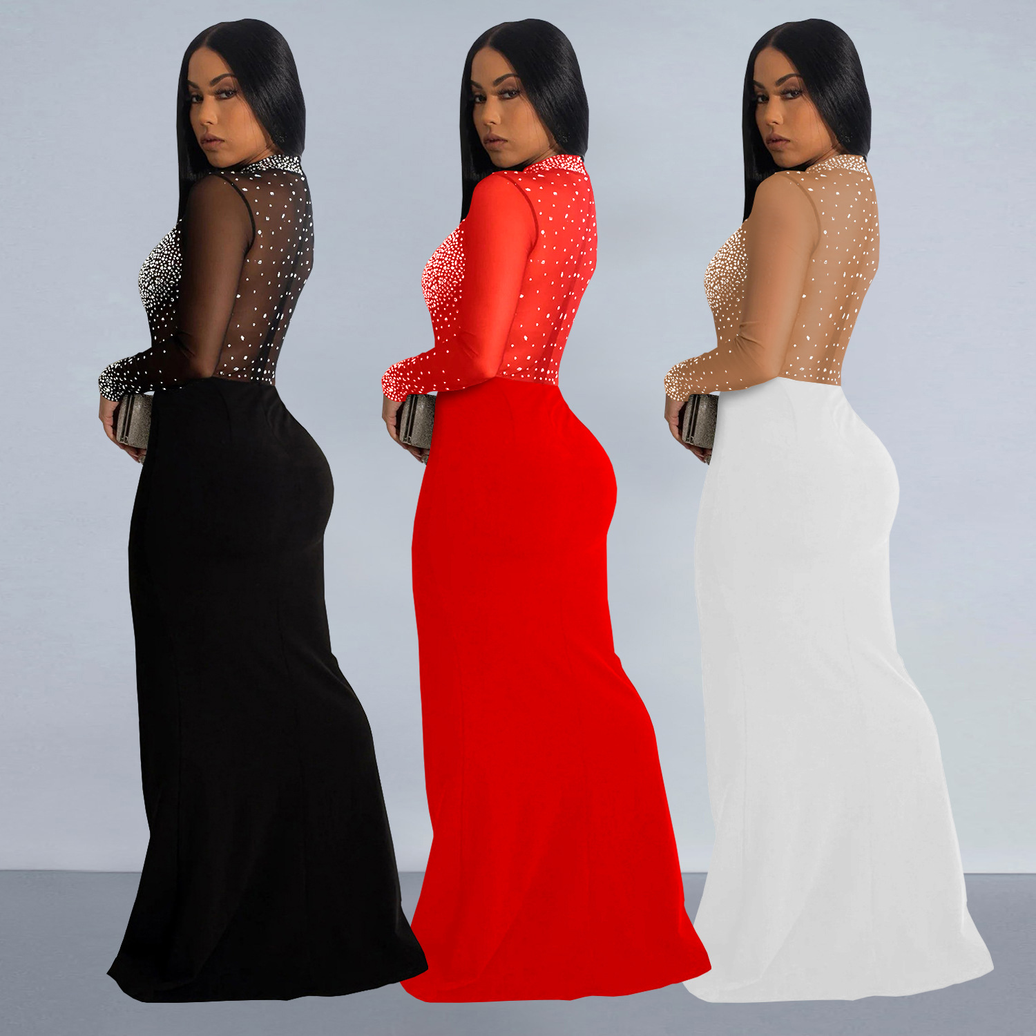 C7330 Cross-border AliExpress Amazon Ropa de mujer de moda europea y americana Vestido de malla transparente sexy con diamantes calientes image 3